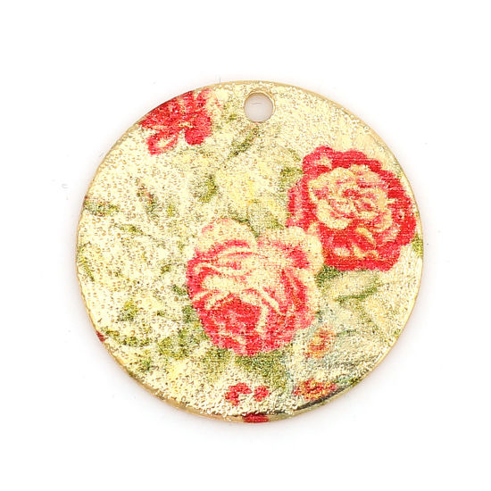 Bild von Zinklegierung Emailmalerei Charms Rund Vergoldet Rot & Grün Blume Blätter Sternenstaub 20mm D., 10 Stück