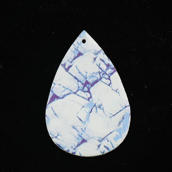 Picture of PU Leather Pendants Drop White & Blue Ink Spot 56mm(2 2/8") x 38mm(1 4/8"), 10 PCs