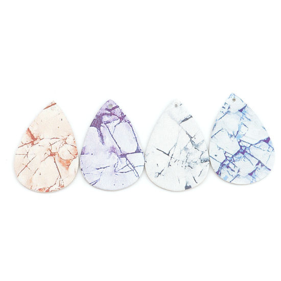 Picture of PU Leather Pendants Drop White & Blue Ink Spot 56mm(2 2/8") x 38mm(1 4/8"), 10 PCs