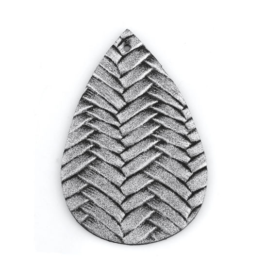 Picture of PU Leather Pendants Drop Silver-gray Braided Pattern 56mm(2 2/8") x 38mm(1 4/8"), 10 PCs