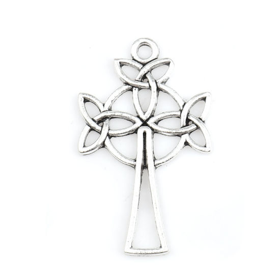 Picture of Zinc Based Alloy Celtic Knot Pendants Cross Antique Silver Color Flower Leaves 39mm(1 4/8") x 24mm(1"), 20 PCs