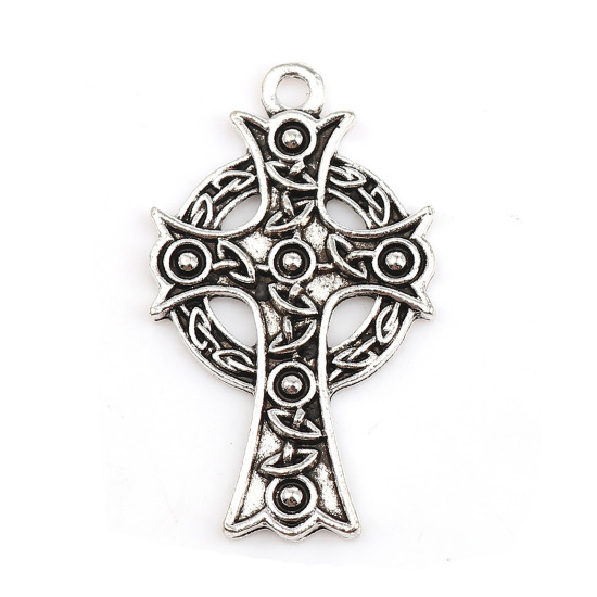 Picture of 10 PCs Zinc Based Alloy Religious Pendants Antique Silver Color Cross Celtic Knot 37mm x 22mm