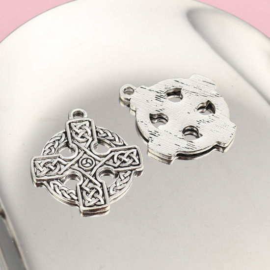 Picture of Zinc Based Alloy Celtic Knot Pendants Round Antique Silver Color Cross 33mm(1 2/8") x 29mm(1 1/8"), 10 PCs