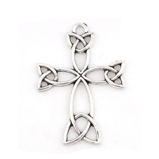 Picture of Zinc Based Alloy Celtic Knot Pendants Cross Antique Silver Color Flower Leaves 38mm(1 4/8") x 28mm(1 1/8"), 20 PCs