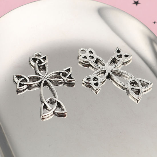 Picture of Zinc Based Alloy Celtic Knot Pendants Cross Antique Silver Color Flower Leaves 38mm(1 4/8") x 28mm(1 1/8"), 20 PCs