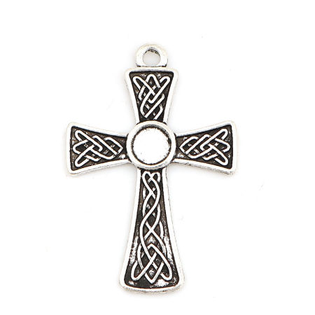 Picture of Zinc Based Alloy Celtic Knot Cabochon Settings Pendants Cross Antique Silver Color Carved Pattern (Fits 6mm Dia.) 40mm x 27mm, 20 PCs