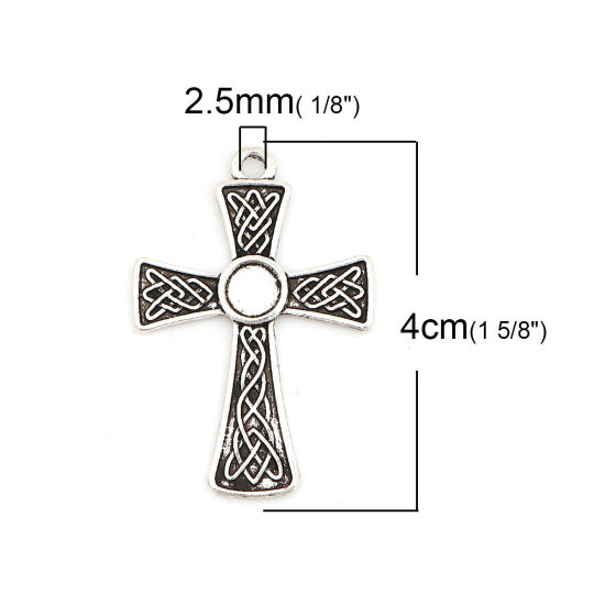 Image de Pendentifs Supports à Cabochons en Nœud celtique Alliage de Zinc Croix Argent Vieilli Motif Sculpté (Convenable à 6mm Dia) 40mm x 27mm, 20 Pcs
