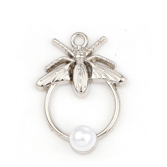 Imagen de Zamak Colgantes Charms Ronda Tono de Plata Abeja Acrílico Imitación de Perla 28mm x 20mm, 10 Unidades