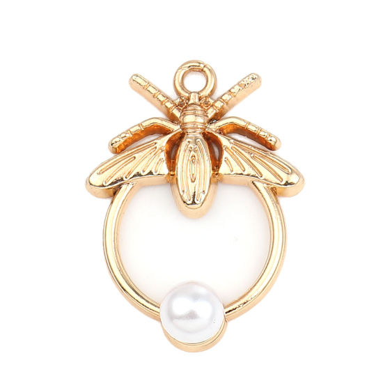 Imagen de Zamak Colgantes Charms Ronda Chapado en Oro Abeja Acrílico Imitación de Perla 28mm x 20mm, 10 Unidades