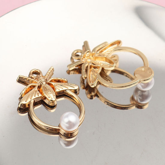 Imagen de Zamak Colgantes Charms Ronda Chapado en Oro Abeja Acrílico Imitación de Perla 28mm x 20mm, 10 Unidades