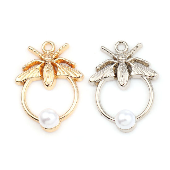 Imagen de Zamak Colgantes Charms Ronda Chapado en Oro Abeja Acrílico Imitación de Perla 28mm x 20mm, 10 Unidades