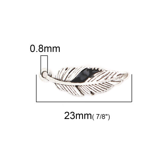 Picture of Zinc Based Alloy Charms Feather Antique Silver Color Black Enamel 23mm( 7/8") x 7mm( 2/8"), 20 PCs