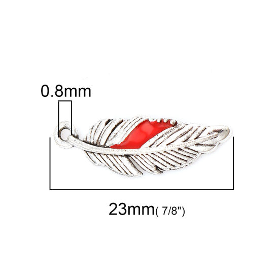 Picture of Zinc Based Alloy Charms Feather Antique Silver Color Red Enamel 23mm( 7/8") x 7mm( 2/8"), 20 PCs