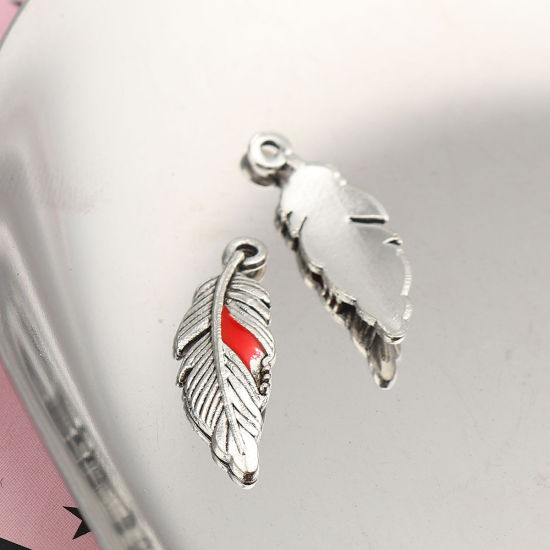Picture of Zinc Based Alloy Charms Feather Antique Silver Color Red Enamel 23mm( 7/8") x 7mm( 2/8"), 20 PCs