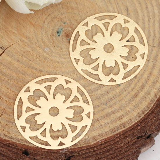 Picture of Iron Based Alloy Filigree Stamping Connectors Round Gold Plated Flower 22mm Dia, 10 PCs