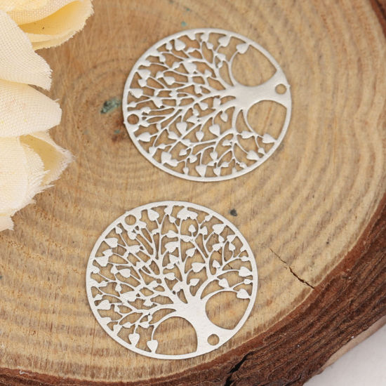 Picture of Iron Based Alloy Filigree Stamping Connectors Round Silver Tone Tree of Life 20mm Dia, 10 PCs