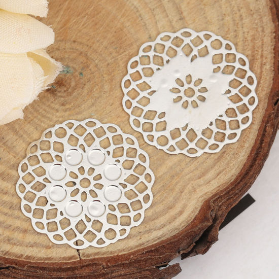 Imagen de Hierro Filigrana Estampación Conectores Flor Tono de Plata 23mm x 23mm, 10 Unidades