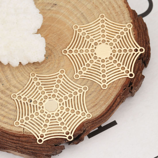 Imagen de Hierro Filigrana Estampación Conectores Halloween Telaraña Chapado en Oro 32mm x 32mm, 10 Unidades