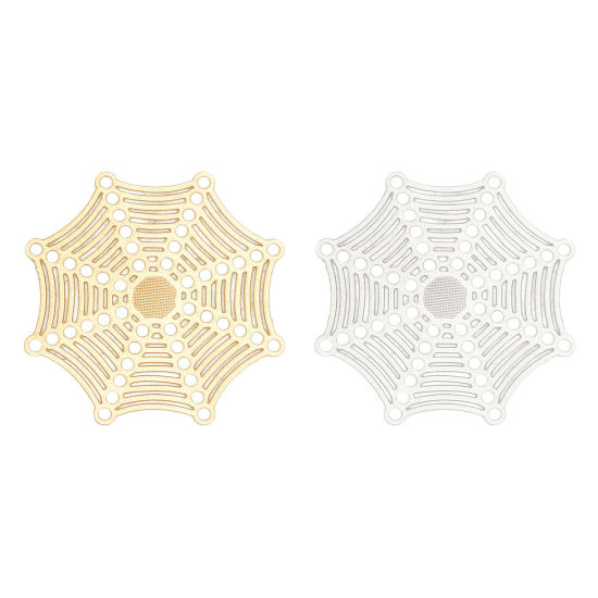 Imagen de Hierro Filigrana Estampación Conectores Halloween Telaraña Chapado en Oro 32mm x 32mm, 10 Unidades