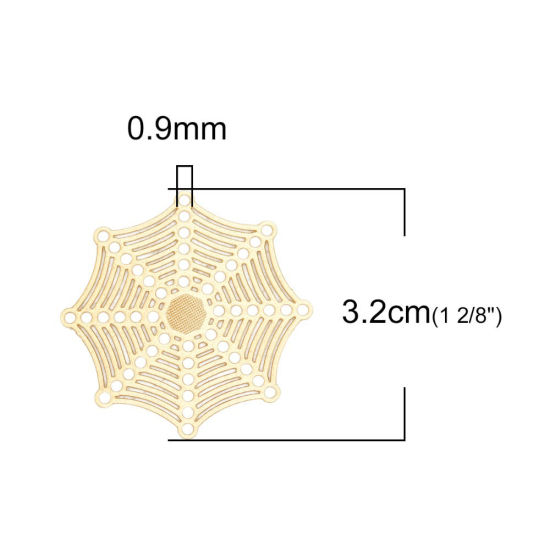 Imagen de Hierro Filigrana Estampación Conectores Halloween Telaraña Chapado en Oro 32mm x 32mm, 10 Unidades