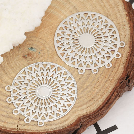 Picture of Iron Based Alloy Filigree Stamping Connectors Round Silver Tone 26mm x 24mm, 10 PCs