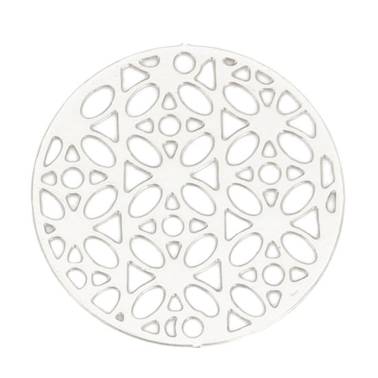 Picture of Iron Based Alloy Filigree Stamping Connectors Round Silver Tone Flower 20mm Dia, 10 PCs
