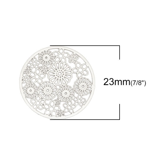 Bild von Eisenlegierung Filigran Stempel Verzierung Verbinder Rund Silberfarbe mit Blumen Muster 23mm D., 10 Stück