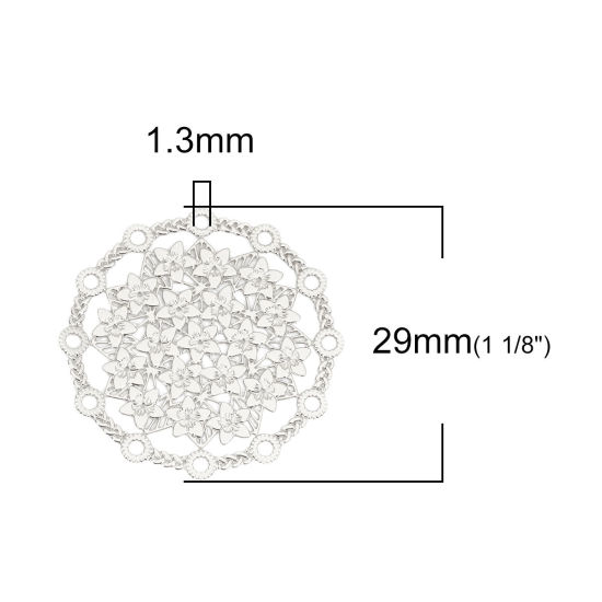 Picture of Iron Based Alloy Filigree Stamping Connectors Round Silver Tone Flower 29mm Dia, 10 PCs