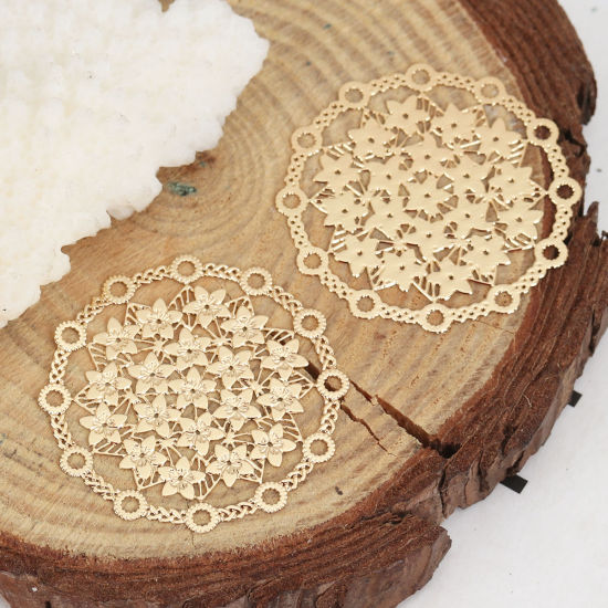 Picture of Iron Based Alloy Filigree Stamping Connectors Round Gold Plated Flower 29mm Dia, 10 PCs