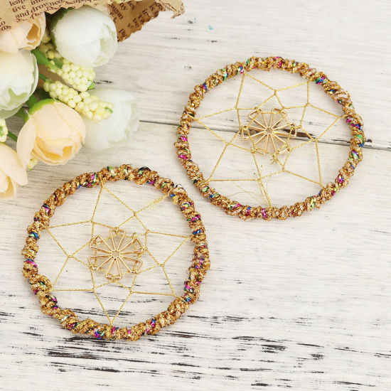 Picture of Zinc Based Alloy & Polyester Dream Catcher For DIY & Craft Multicolor Gold Plated Round 6cm(2 3/8") Dia., 2 PCs