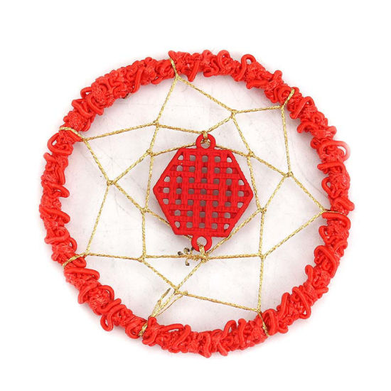 Picture of Zinc Based Alloy & Polyester Dream Catcher For DIY & Craft Multicolor Gold Plated Round 6cm(2 3/8") Dia., 2 PCs