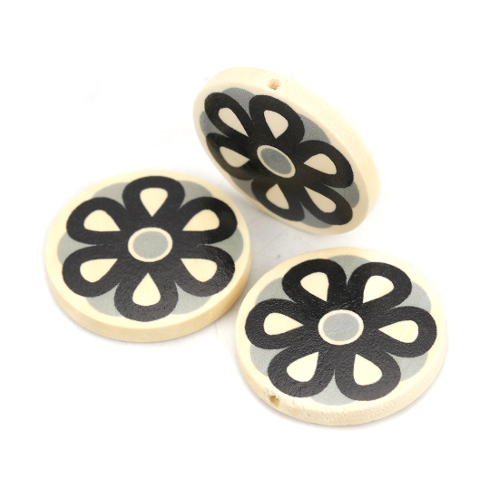 Image de Perles en Bois Naturel Plat-Rond Noir Fleurs 30mm Dia, Trou: env. 2.2mm, 10 Pcs