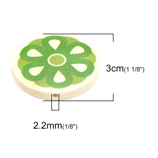 Image de Perles en Bois Naturel Plat-Rond Vert Fleurs 30mm Dia, Trou: env. 2.2mm, 10 Pcs