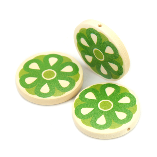 Image de Perles en Bois Naturel Plat-Rond Vert Fleurs 30mm Dia, Trou: env. 2.2mm, 10 Pcs