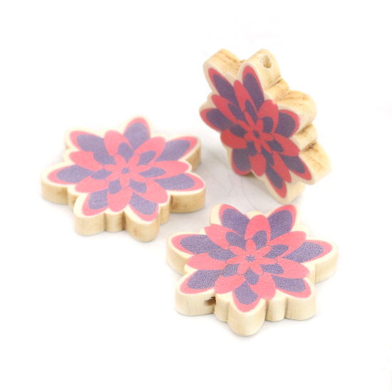 Image de Perles en Bois Naturel Fleur Violet 30mm x 29mm, Trou: env. 1.9mm, 10 Pcs
