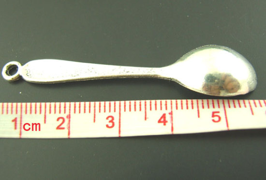 Picture of Zinc Based Alloy 3D Pendants Spoon Tableware Silver Tone 55mm x11mm(2 1/8" x 3/8"), 20 PCs