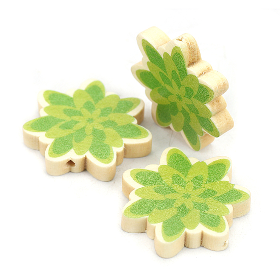 Image de Perles en Bois Naturel Fleur Vert 30mm x 29mm, Trou: env. 1.9mm, 10 Pcs