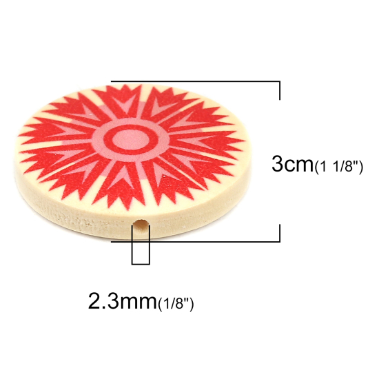 Picture of Natural Wood Spacer Beads Flat Round Red Flower About 30mm Dia., Hole: Approx 2.3mm, 10 PCs