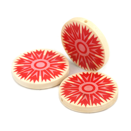 Picture of Natural Wood Spacer Beads Flat Round Red Flower About 30mm Dia., Hole: Approx 2.3mm, 10 PCs
