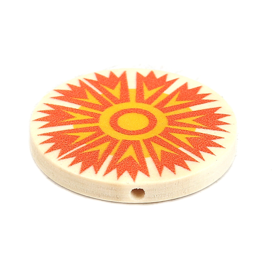 Picture of Natural Wood Spacer Beads Flat Round Orange Flower About 30mm Dia., Hole: Approx 2.3mm, 10 PCs