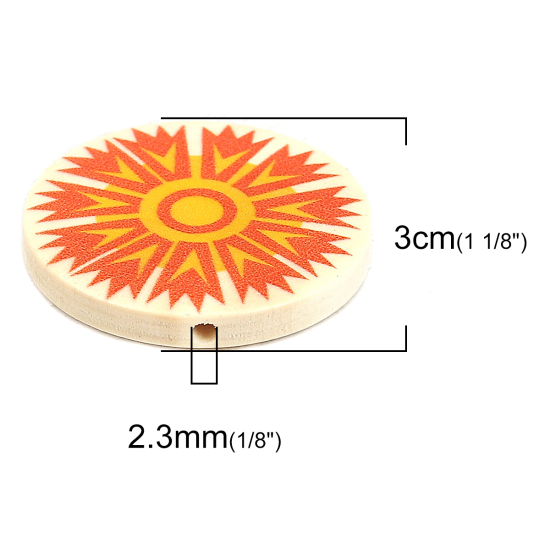 Picture of Natural Wood Spacer Beads Flat Round Orange Flower About 30mm Dia., Hole: Approx 2.3mm, 10 PCs