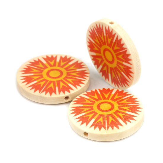 Picture of Natural Wood Spacer Beads Flat Round Orange Flower About 30mm Dia., Hole: Approx 2.3mm, 10 PCs
