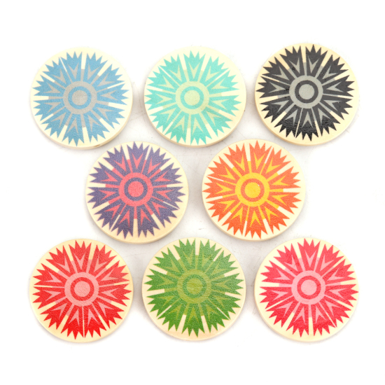 Picture of Natural Wood Spacer Beads Flat Round Orange Flower About 30mm Dia., Hole: Approx 2.3mm, 10 PCs