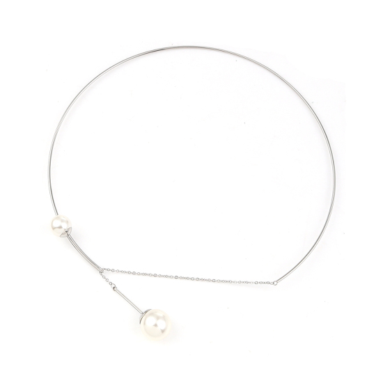 Image de Collier Tour de Cou en 304 Acier Inoxydable Argent Mat Blanc Perle Imitation Acrylique 38.5cm Long, 1 Pièce