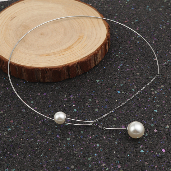 Image de Collier Tour de Cou en 304 Acier Inoxydable Argent Mat Blanc Perle Imitation Acrylique 38.5cm Long, 1 Pièce