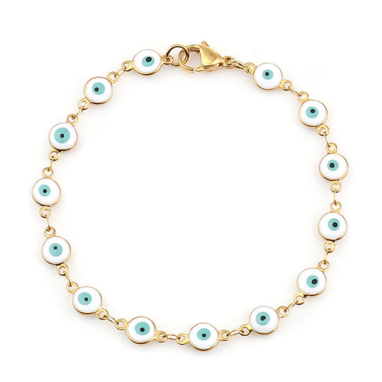 Picture of 304 Stainless Steel Bracelets Gold Plated White Evil Eye Enamel 19.2cm(7 4/8") long, 1 Piece