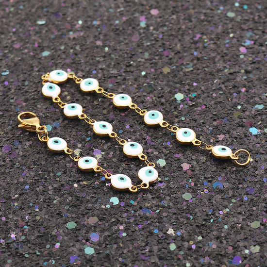 Immagine di 1 Pz Placcatura Sottovuoto 304 Acciaio Inossidabile Braccialetti Oro Placcato Bianco Malocchio Smalto 19.2cm Lunghezza