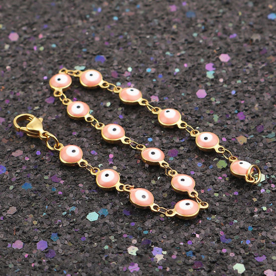 Immagine di 1 Pz Placcatura Sottovuoto 304 Acciaio Inossidabile Braccialetti Oro Placcato Rosa Pesca Malocchio Smalto 19.2cm Lunghezza