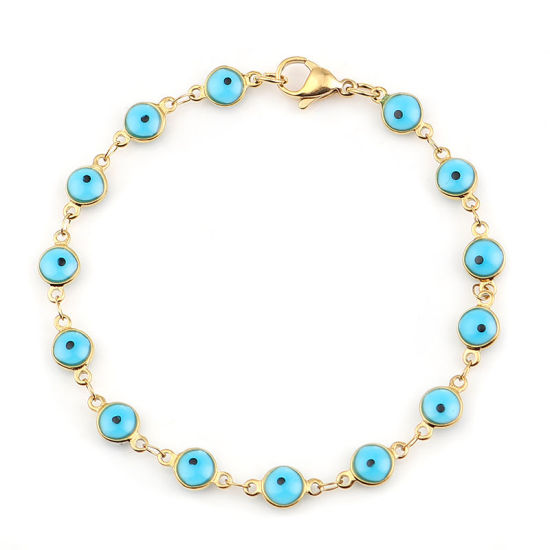 Image de Bracelets en 304 Acier Inoxydable Doré Bleu Ciel à Pois Émail 19.2cm long, 1 Pièce