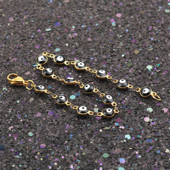 Immagine di 1 Pz Placcatura Sottovuoto 304 Acciaio Inossidabile Braccialetti Oro Placcato Nero Malocchio Smalto 19.2cm Lunghezza